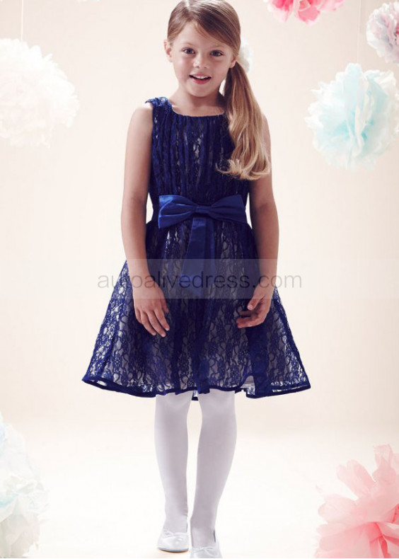 A-line Navy Blue Lace Knee Length Flower Girl Dress With Bow